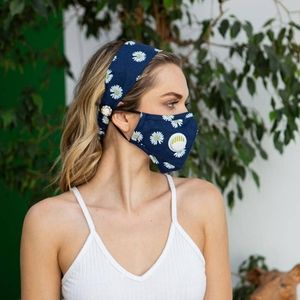 Navy Daisy Headband Face Mask Set ear button New